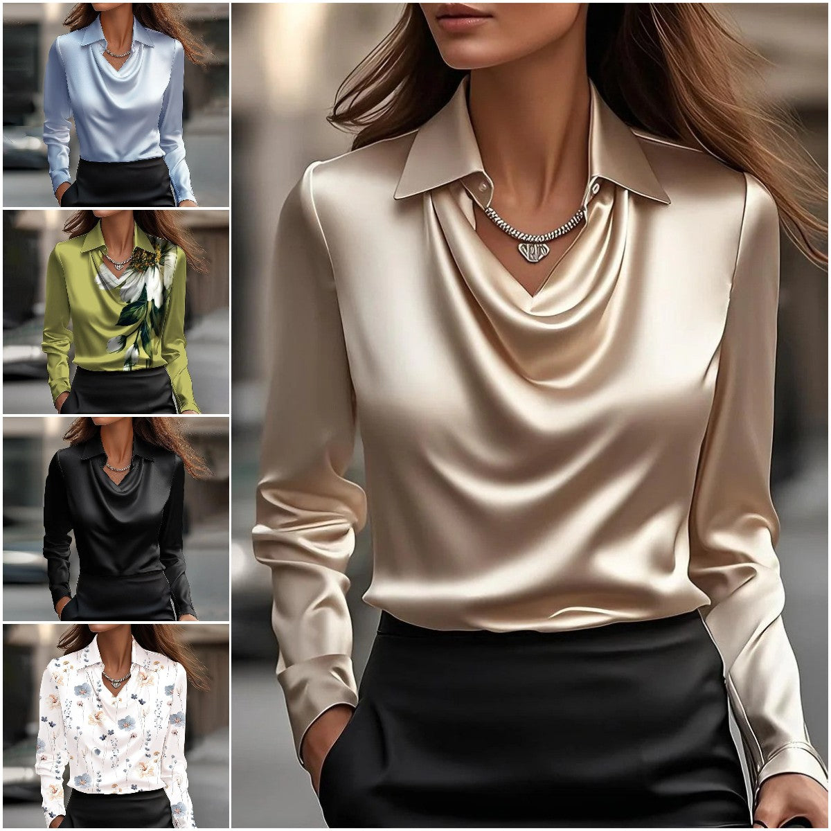 🔥✨Camisa lisa de mujer con estampado y cuello vuelto