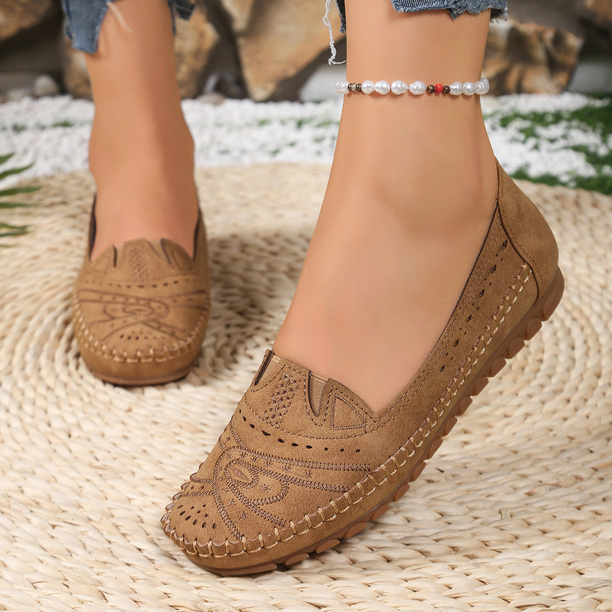 ✨50% de descuento✨【36-43】Zapatos ortopédicos de piel auténtica para mujer, zapatos planos retro sin cordones con estampado floral calado y suela suave para mujer