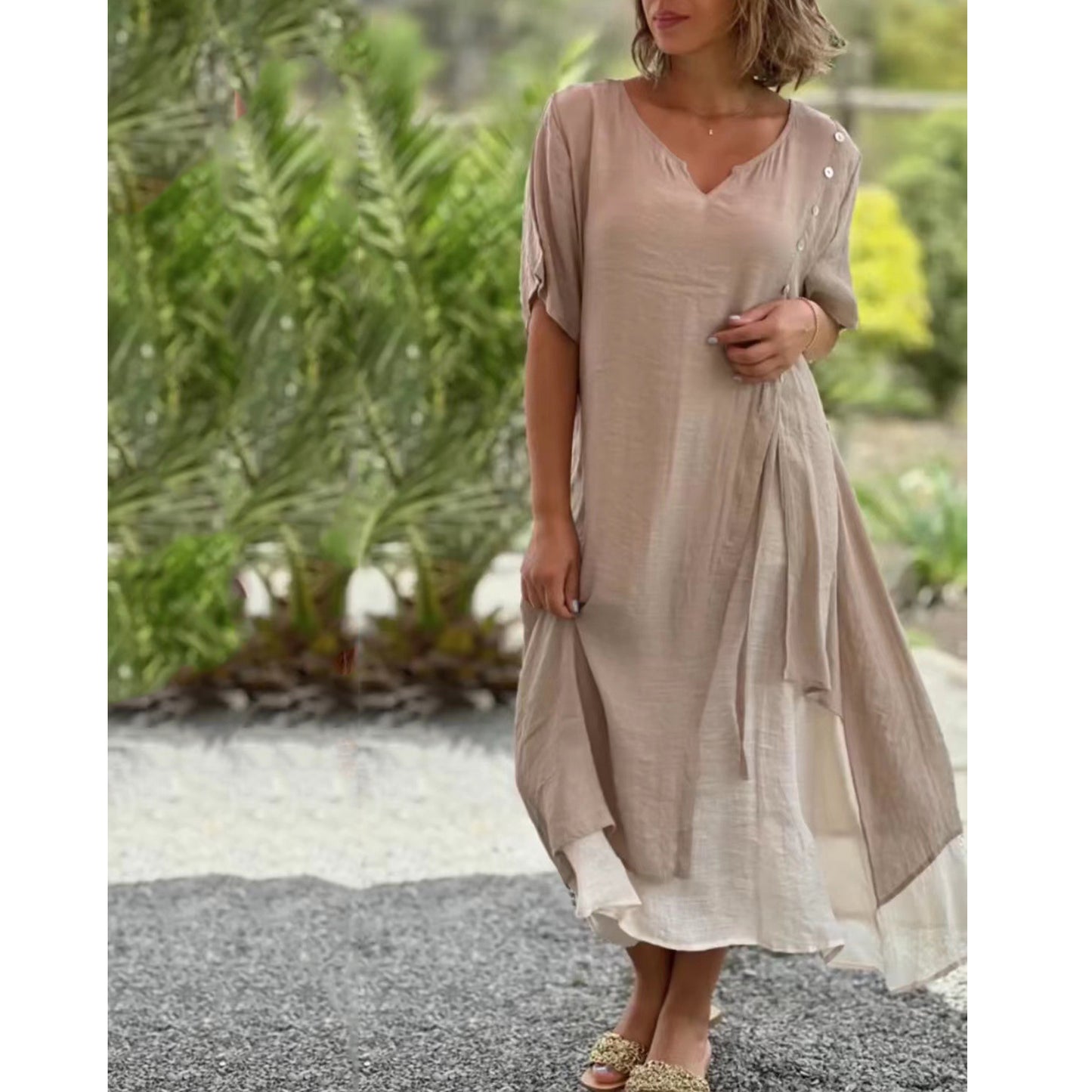 🔥💗【S-4XL】✨Elegantní dvoudílné bavlněné šaty 2 v 1 s výstřihem do V, asymetrickým střihem – Styl 2026 🌟👗