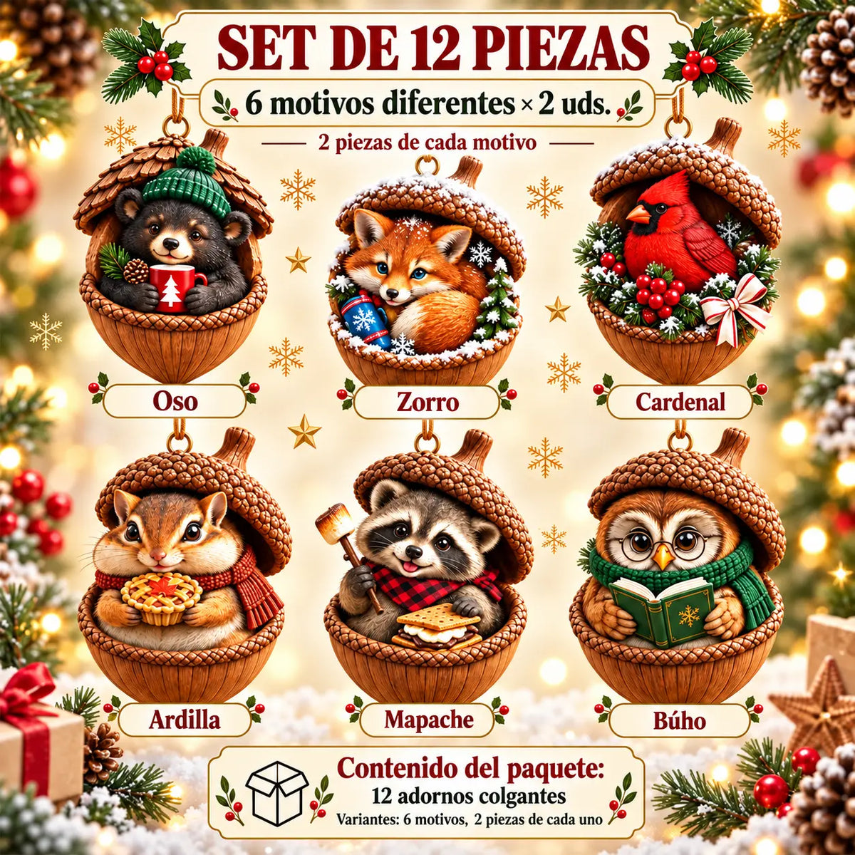 🎉【Compra 6 y llévate 6 gratis】🤩 🎁Nuevo diseño navideño en acrílico 2D con animales en forma de piña.
