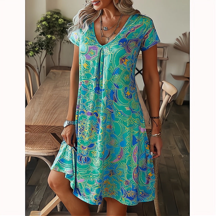 【S-5XL】V-Neck krátký rukáv volné tištěné letní neformální šaty