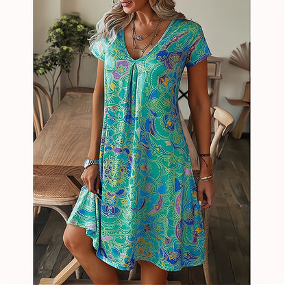【S-5XL】V-Neck krátký rukáv volné tištěné letní neformální šaty