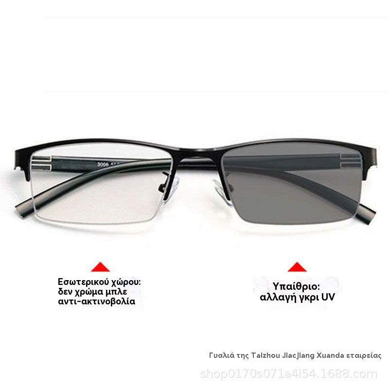 🕶️🔥（ συνταγές 0 έως +6,00）Μεταλλικά φωτοχρωμικά γυαλιά ηλίου μισού πλαισίου, γυαλιά μυωπίας κατά του μπλε φωτός, γυαλιά ηλίου οδήγησης