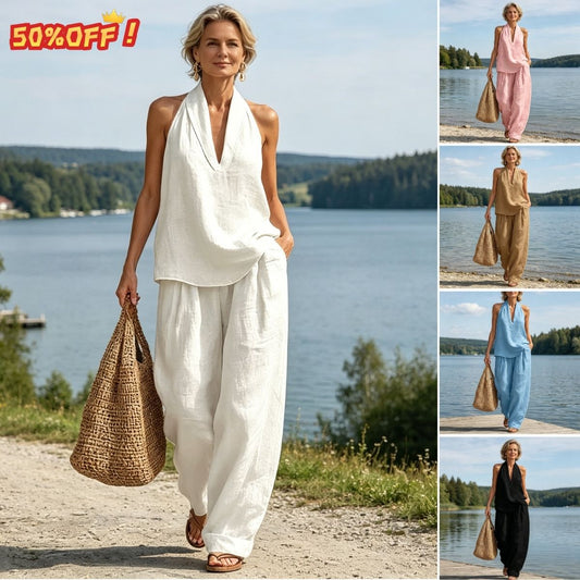 【S-5XL】💥 Damski zestaw casualowy: Top z dekoltem w serek + Spodnie z szerokimi nogawkami