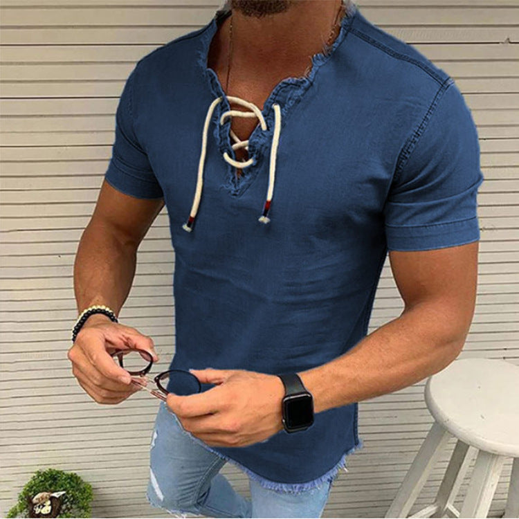 🤠👔【Sleva 50%✨】【S–4XL】Pánské tričko s krátkým rukávem z elastické džínoviny, s dekorativní šňůrkou, dostupné ve větších velikostech