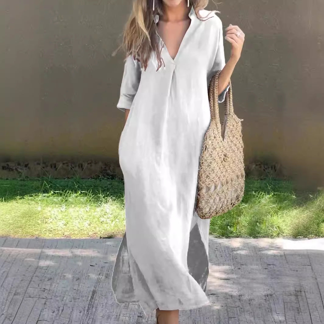 🌿💃【Sleva 50 % 🔥】【S–3XL】Letní lněné maxi šaty s výstřihem do V a rozparky – pohodlné a lehké na léto