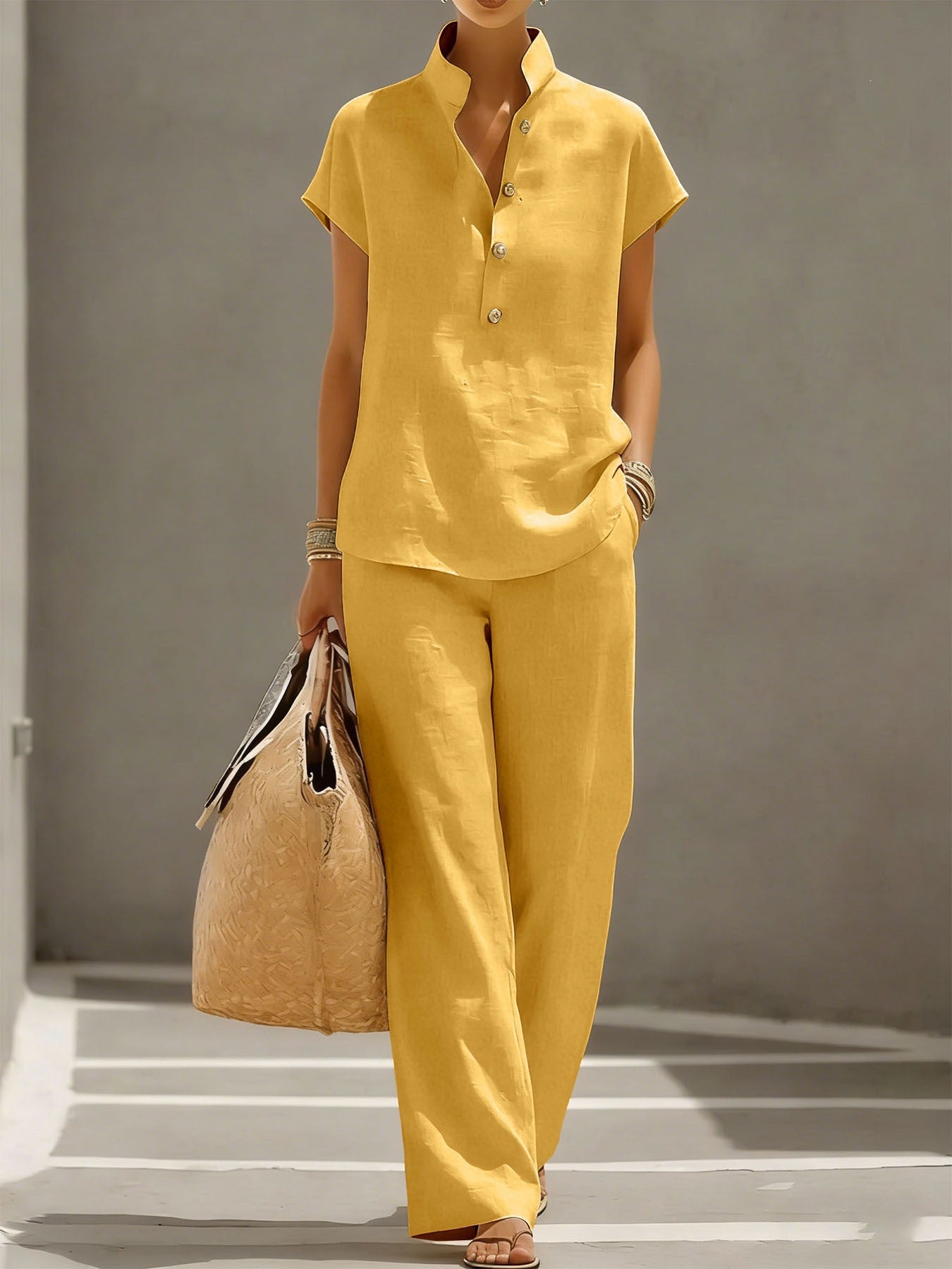 🔥【¡Oferta al 50%!!】✨Conjunto de mujer de lino y algodón: blusa de manga corta y pantalón ancho, estilo casual elegante de verano
