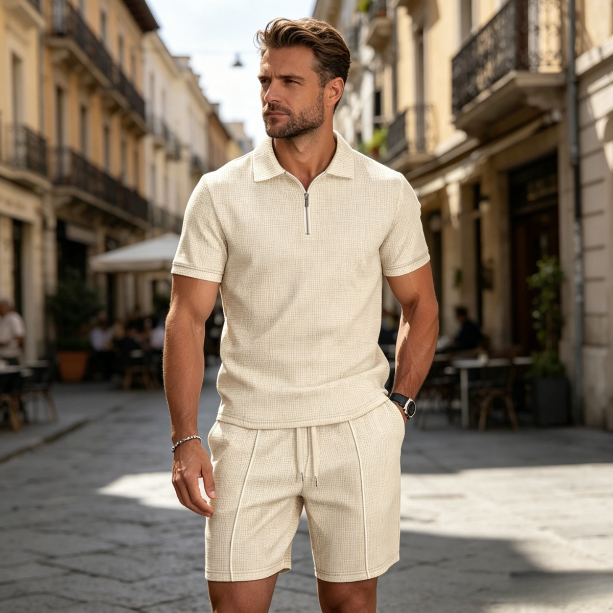 Este nuevo conjunto de polo y pantalón corto para hombre presenta un corte relajado e informal y mangas cortas, lo que lo hace adecuado tanto para reuniones de negocios como para unas relajantes vacaciones en la playa.