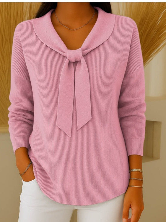【S~5XL】Sweter damski w jednolitym kolorze z wiązaniem i długim rękawem, swobodny i luźny-4171262