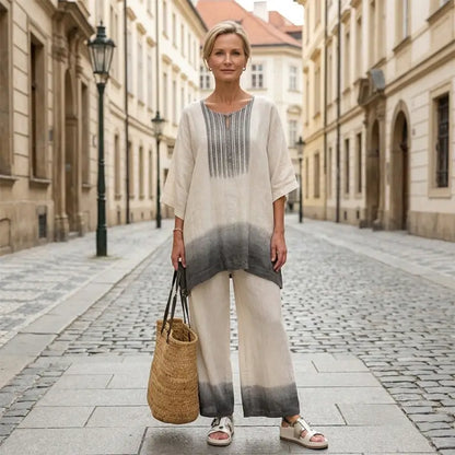 [Top + Pantalones] Traje informal de lino para mujer, la opción perfecta para vacaciones y para el día a día.