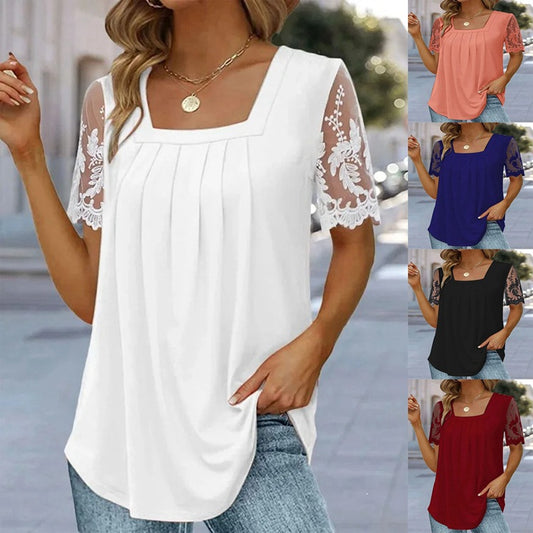 🔥🔥【Oferta de hoy al 50%】🎉【S-5XL】Blusa femenina de encaje 2026 de manga corta, tejido tipo seda, suave al tacto, agradable para la piel y no irrita.