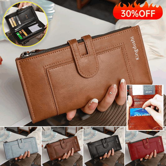 💰Cartera vintage de piel auténtica con doble cremallera y ranura para múltiples tarjetas para mujer