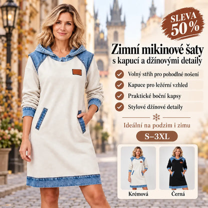 🔥⛄【50 % sleva✨】🌷🌞 Nové zimní módní džínové šaty s kapucí z patchworku