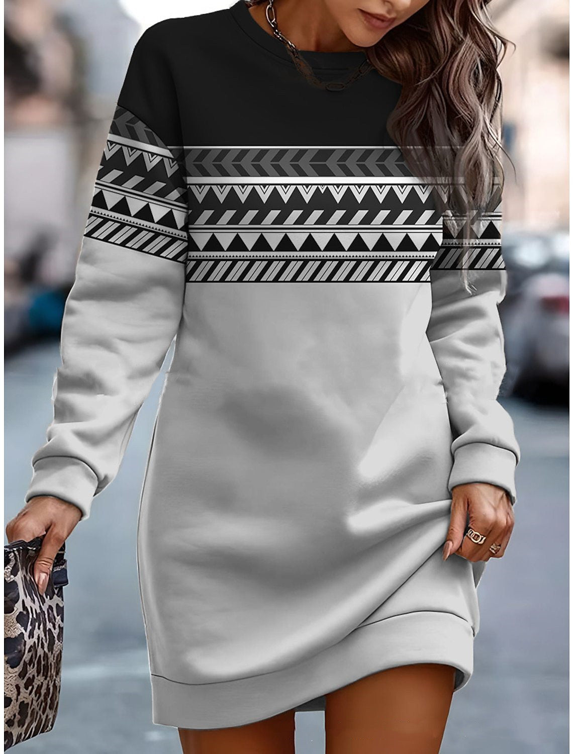 🔥🔥👗Nové svetrové šaty s kulatým výstřihem na podzim a zimu 2025 s barevným potiskem