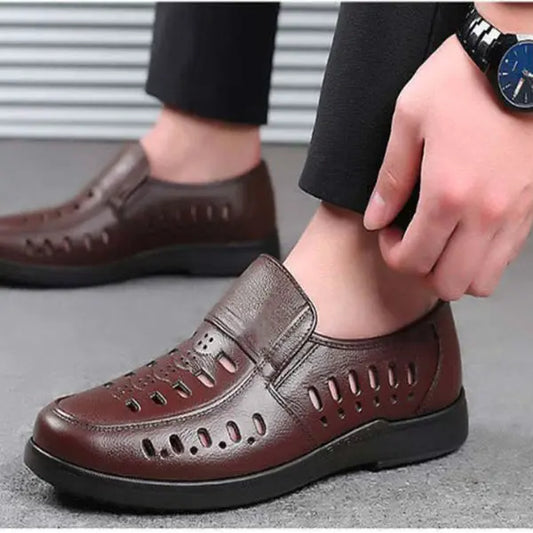 【38-44】 Zapatos de cuero de verano con suela gruesa para hombres, zapatos de cuero transpirables fáciles de usar