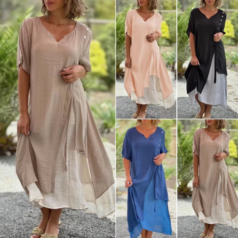 🔥💗【S-4XL】✨Elegantní dvoudílné bavlněné šaty 2 v 1 s výstřihem do V, asymetrickým střihem – Styl 2026 🌟👗