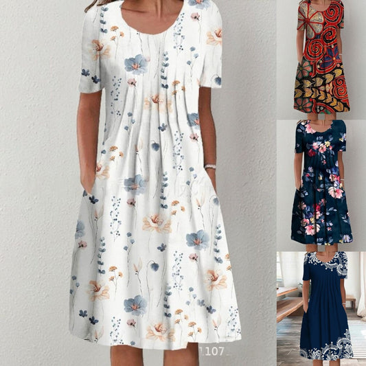 【Sleva 50 %】【Velikosti S-5XL】🌺🌺 Moderní šaty s kulatým výstřihem a potiskem.