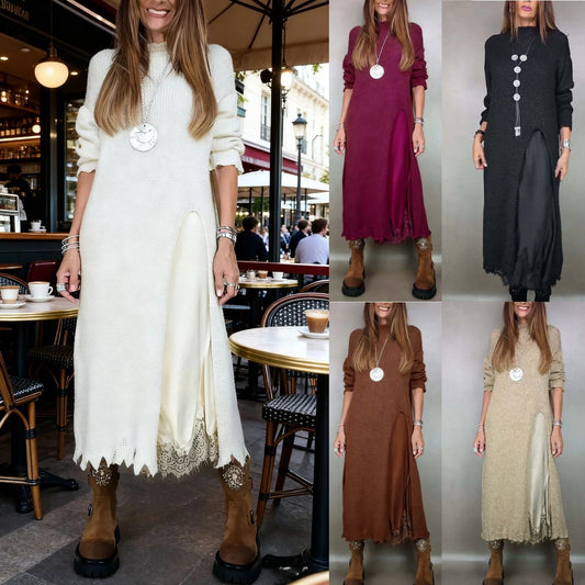 【XS-3XL】👗Nowy jesienny komplet koronkowy z rozcięciem i wzorem swetra-4163526