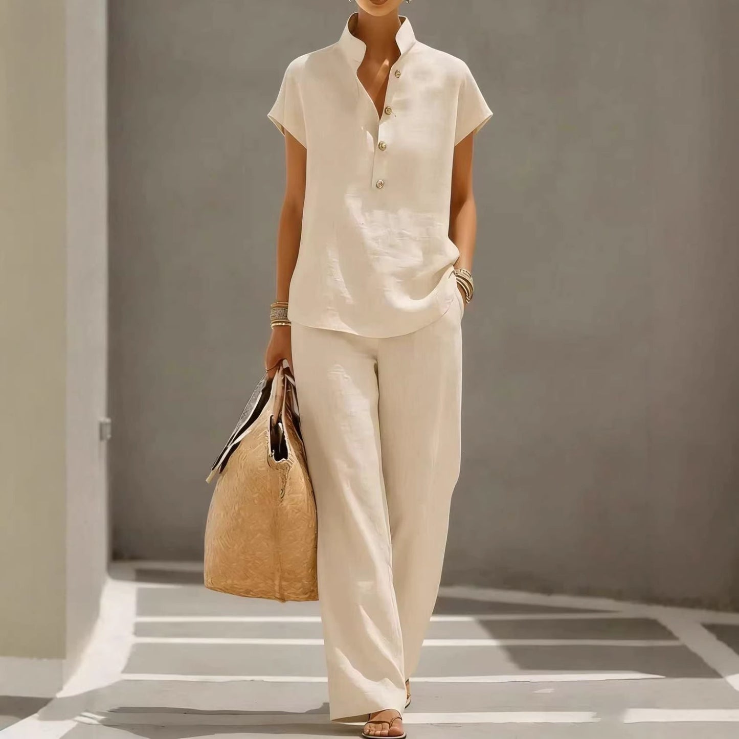 🔥【¡Oferta al 50%!!】✨Conjunto de mujer de lino y algodón: blusa de manga corta y pantalón ancho, estilo casual elegante de verano