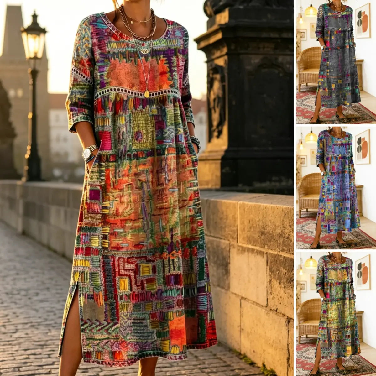 ✨ 【S-5XL】Letní retro šaty s kulatým výstřihem a potiskem, lehké a prodyšné, zeštíhlující a snadno kombinovatelné.