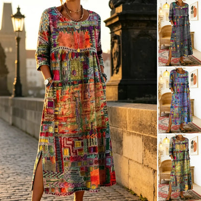 ✨ 【S-5XL】Letní retro šaty s kulatým výstřihem a potiskem, lehké a prodyšné, zeštíhlující a snadno kombinovatelné.