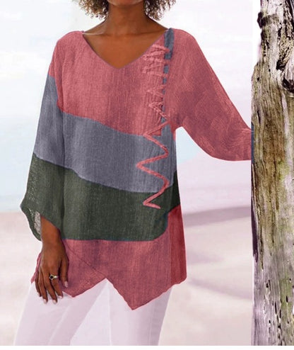 ⏳ Poslední den – sleva 50 % 😍【S~5XL】Dámský elegantní ležérní top s výstřihem do V a dlouhým rukávem, uměleckým vzorem a potiskem