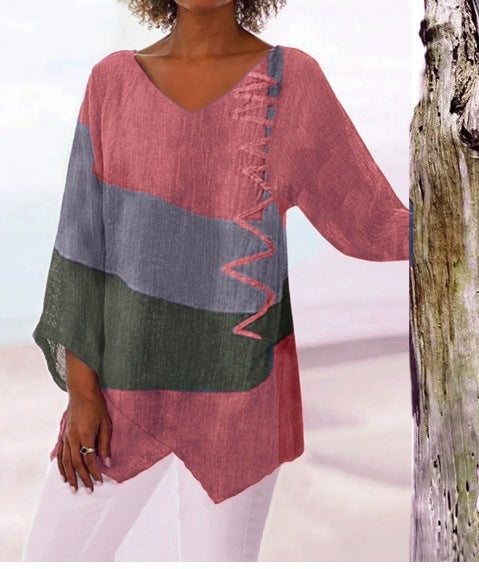 ⭐⏳ Poslední den – 50 % sleva 😍【S–5XL】Elegantní dámský ležérní top: výstřih do V, dlouhé rukávy, umělecký vzor