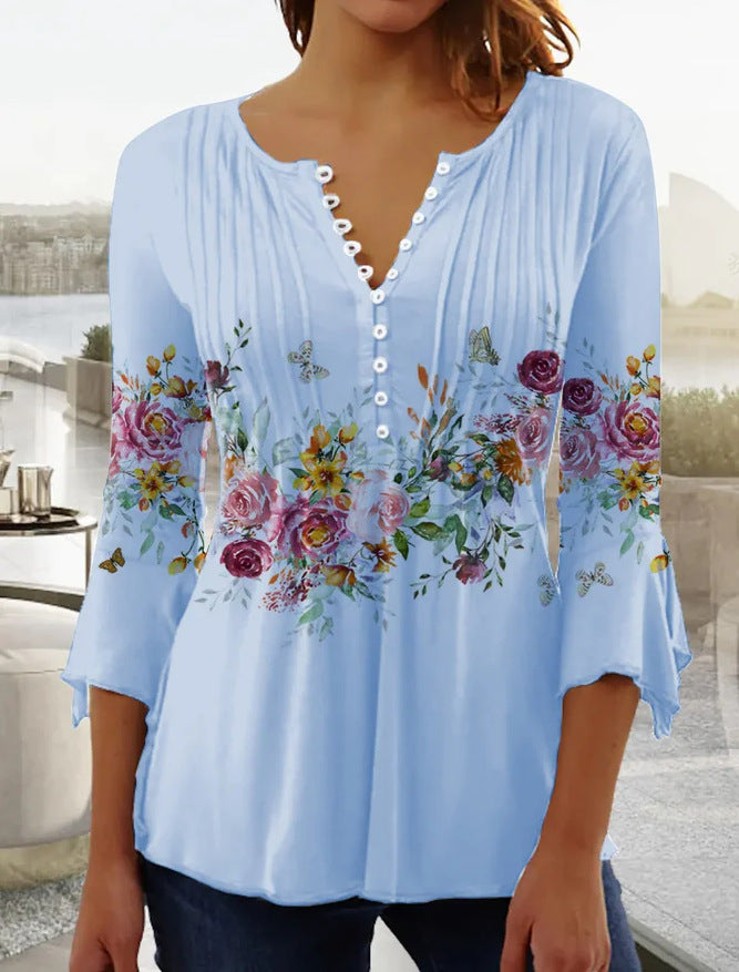 🌸✨【S-5XL】🌺Top con cuello en V y mangas florales, estilo delicado y romántico