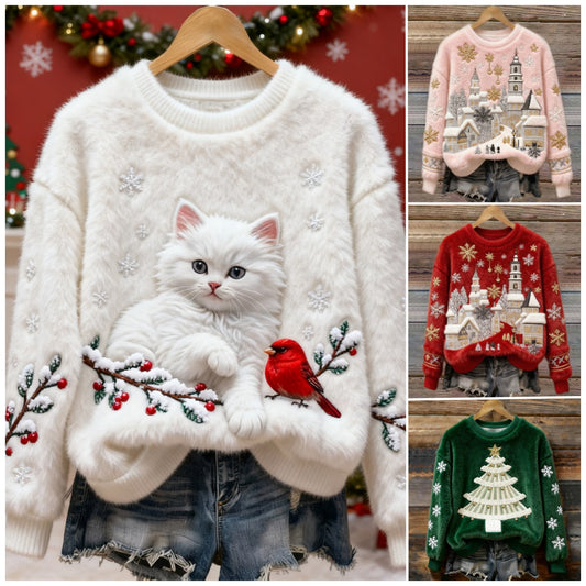 🔥🎅Dámský flanelový vánoční svetr, zdobený různými krásnými vzory