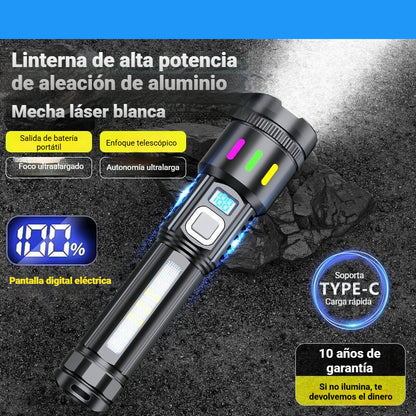 💡Linterna de alta potencia, carga al aire libre, batería de larga duración, láser blanco, zoom telescópico, alcance ajustable, linterna de emergencia.