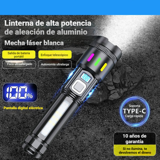 💡Linterna de alta potencia, carga al aire libre, batería de larga duración, láser blanco, zoom telescópico, alcance ajustable, linterna de emergencia.