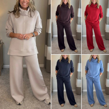 🍂🐏 【Új termék – Ideiglenes 50%-os kedvezmény】 Női két részes egy színű őszi/téli készlet: puhú pamut póló + szabadtűrő nadrágok-4182274