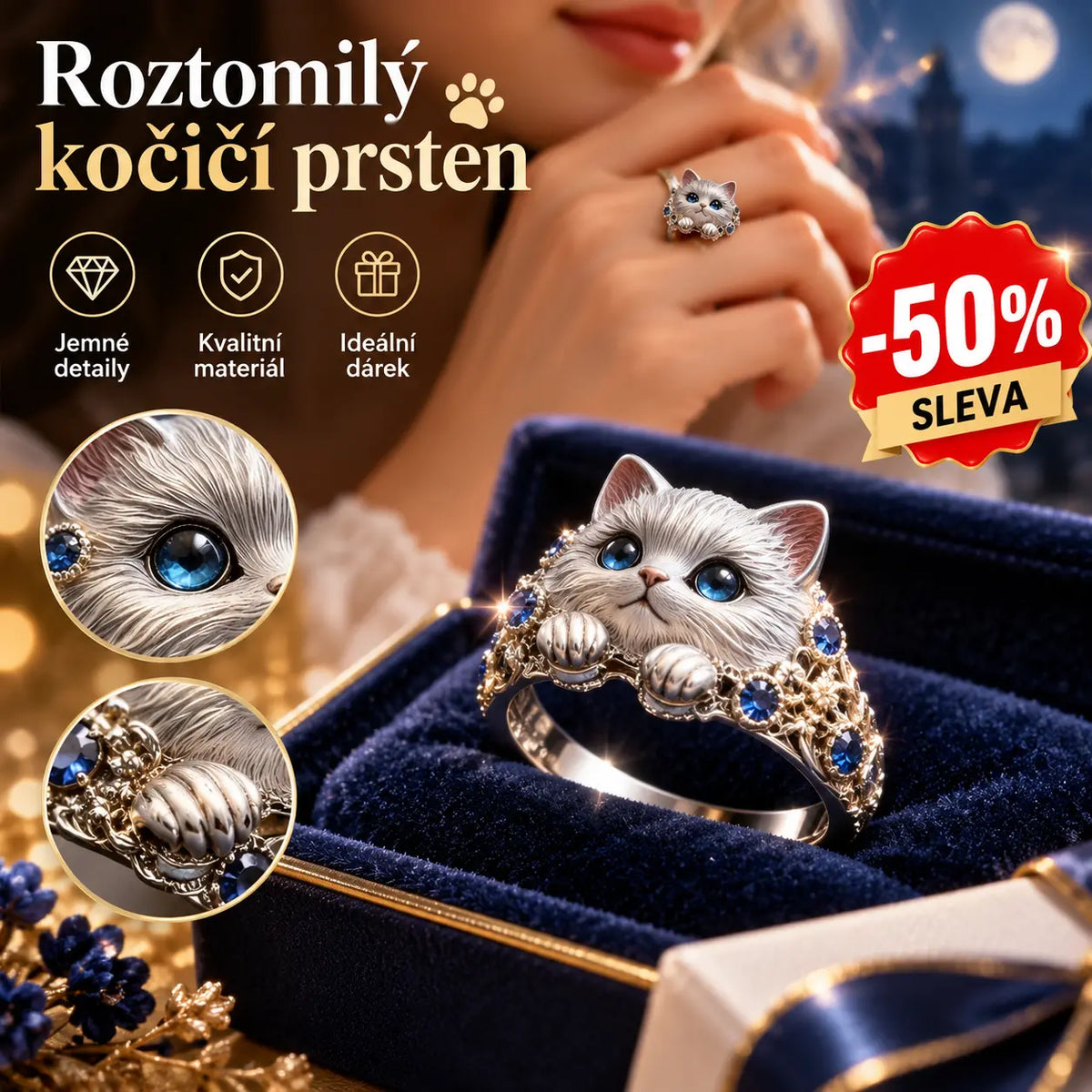 🔥【Koupit 1 a získat 1 zdarma】2 kusy 540 Kč🎁😍Jednoduchý a elegantní prsten s kotětem ze sterlingového stříbra 925 s diamanty