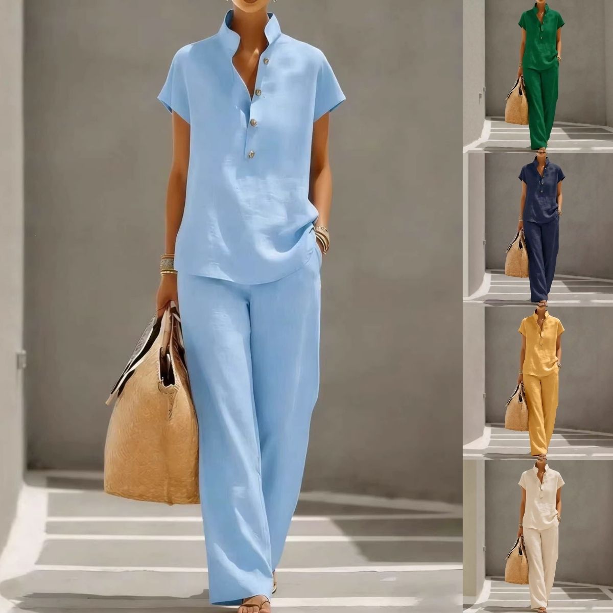 🔥【¡Oferta al 50%!!】✨Conjunto de mujer de lino y algodón: blusa de manga corta y pantalón ancho, estilo casual elegante de verano