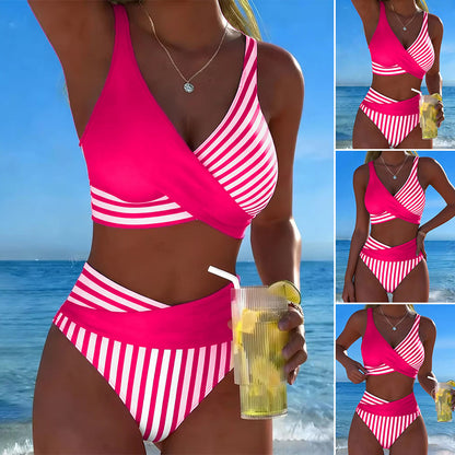 【S-3XL】Bikini de dos piezas con bloques de color y estampado de rayas – Pago contra entrega