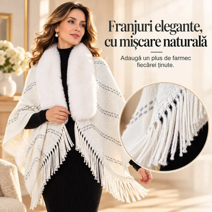 Poncho de Punto con Cuello de Piel y Borlas 🧣 Elegante Chal Abrigado para Mujer Otoño Invierno ❄️ Suéter Holgado Versátil que Estiliza la Silueta ✨