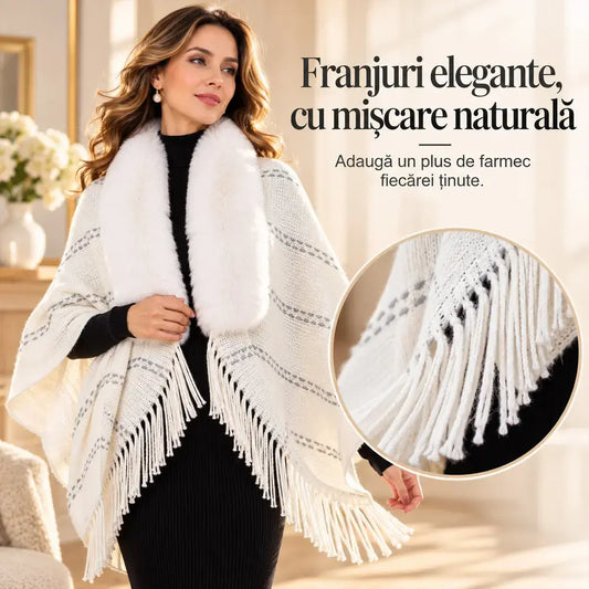 Poncho de Punto con Cuello de Piel y Borlas 🧣 Elegante Chal Abrigado para Mujer Otoño Invierno ❄️ Suéter Holgado Versátil que Estiliza la Silueta ✨