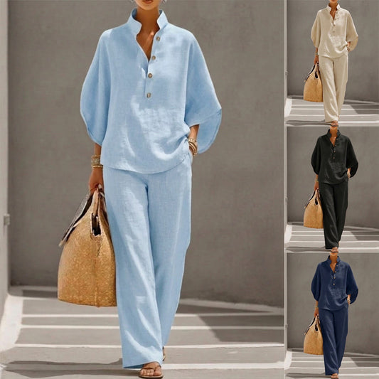 Maribel | Conjunto de lino con mangas murciélago y pantalón ancho