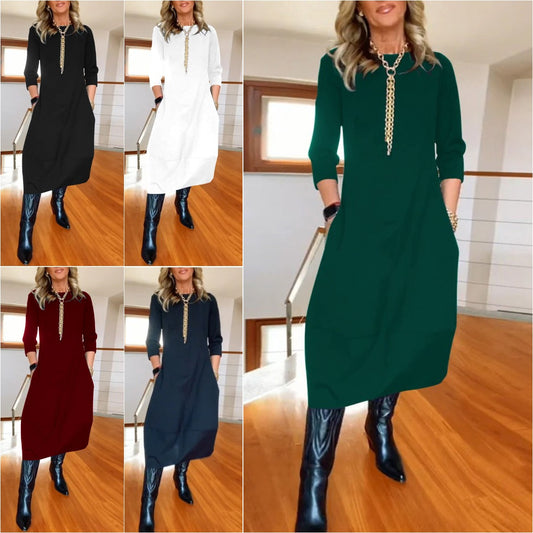 Ostatni dzień – 50% zniżki👗 Elegancja jednolitej sukni z długimi rękawami, wygodnej i praktycznej do codziennego noszenia-4178121