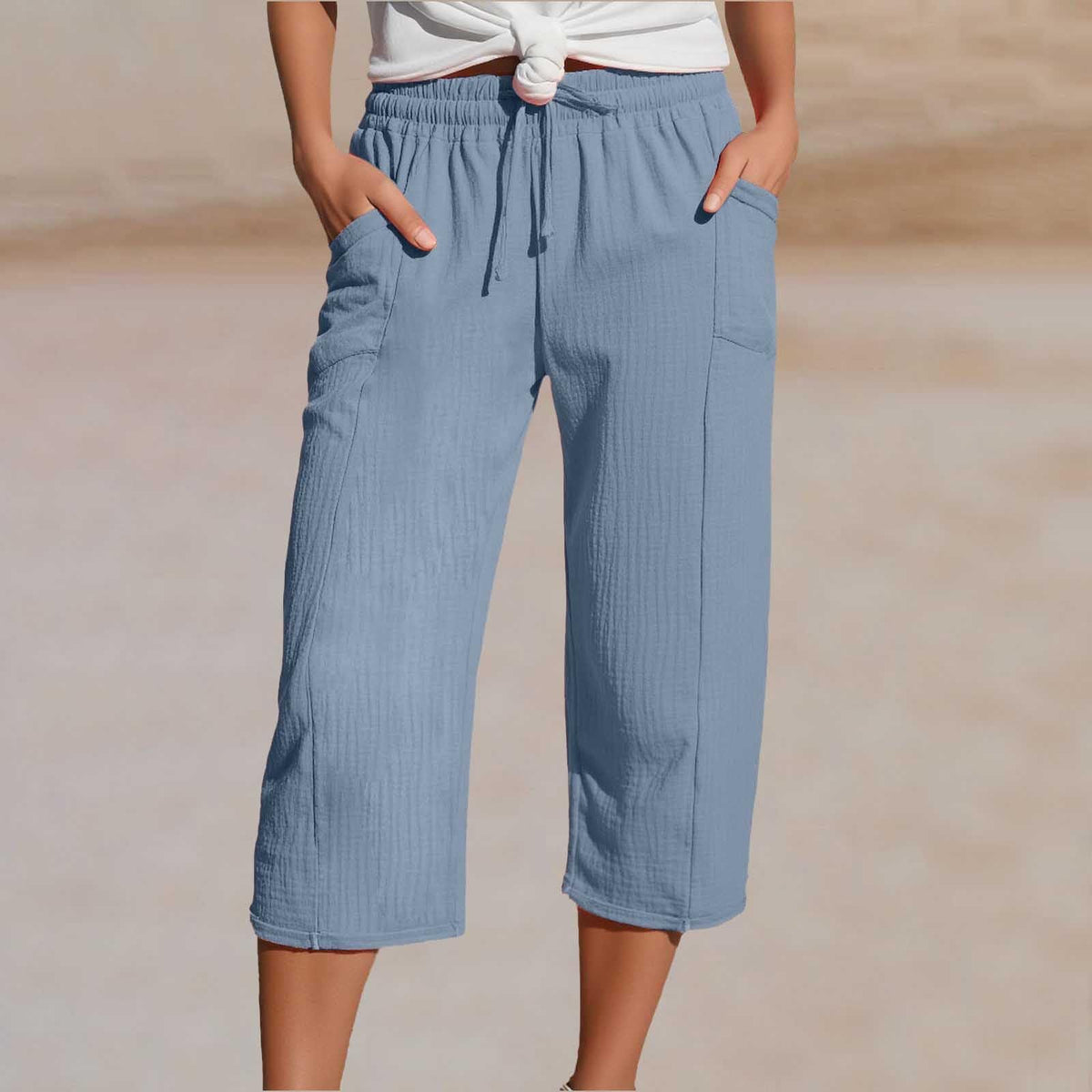 🌸【Compra 1 y llévate 1 gratis】Pantalones cropped plisados de color sólido para mujer, de algodón y lino