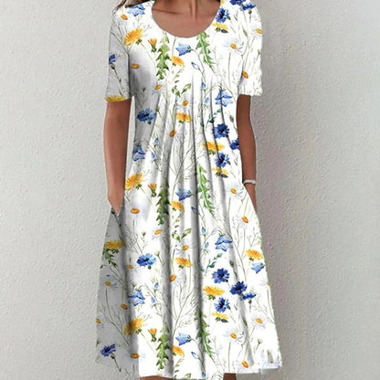 🔥【45 OFF%】🌸🦋Nové dámské šaty s kulatým výstřihem a potiskem（S-3XL）.
