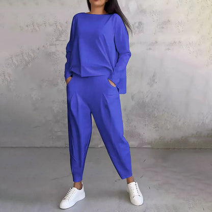 😊【S-5XL】💖Conjunto de dos piezas: blusa de manga larga con cuello redondo y pantalones