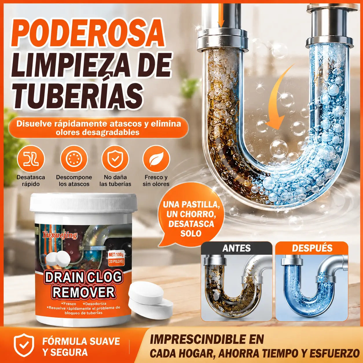 🔥50% DE DESCUENTO 【2 por 26 euros】❤️ Potentes pastillas efervescentes limpiadoras que disuelven rápidamente las obstrucciones causadas por el cabello graso, desatascando los desagües; además, son desodorantes y antibacterianas.