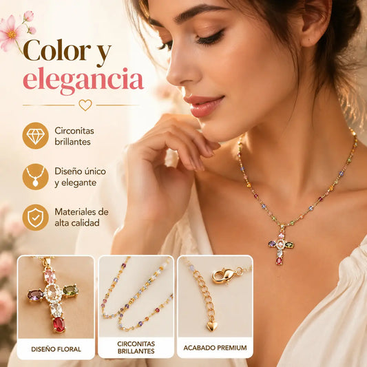Oferta: Collar con cruz de circonitas de colores. Incluye un precioso joyero.