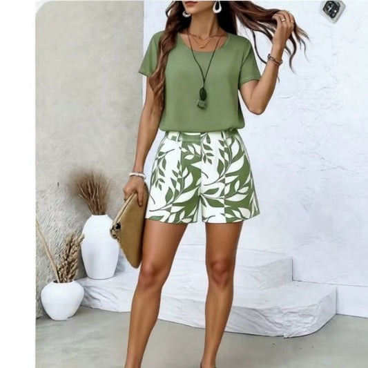 【S-2XL】Conjunto de dos piezas de manga corta estampado de nü | Conjunto de verano multicolor ligero y elegante