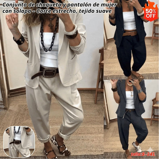 💎 Descuento de tiempo limitado 50% 💎 Conjunto de chaqueta y pantalón con solapa para mujer – Ajuste entallado, tela suave 👖✨【40-100kg】