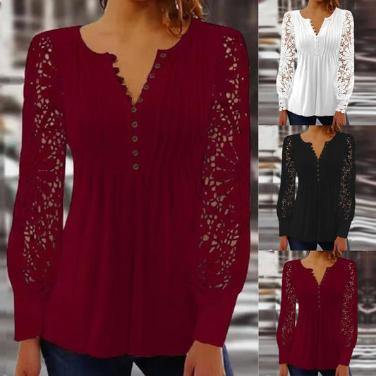 🔥【40-80 kg】Nový krajkový top s dlouhým rukávem s výstřihem do V není plný, měkký a nepřiléhavý, univerzální a tenký.-3707344