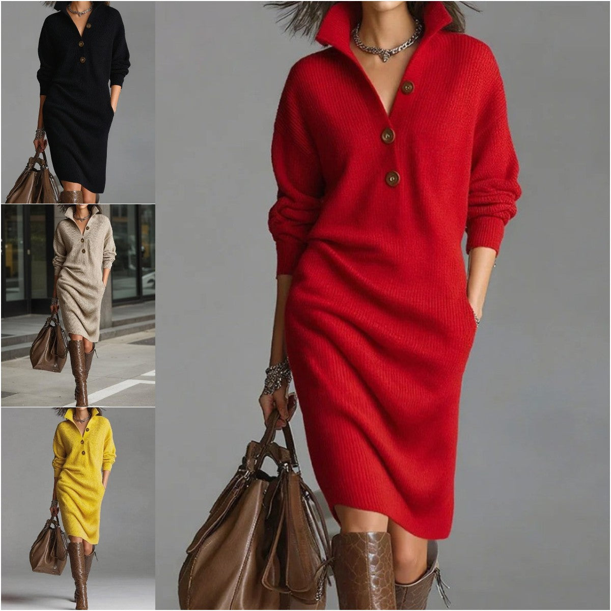 🔥🌷【Gorący produkt】【S-3XL】✨🎉Nowa dzianinowa sukienka z klapami w stylu europejskim i amerykańskim