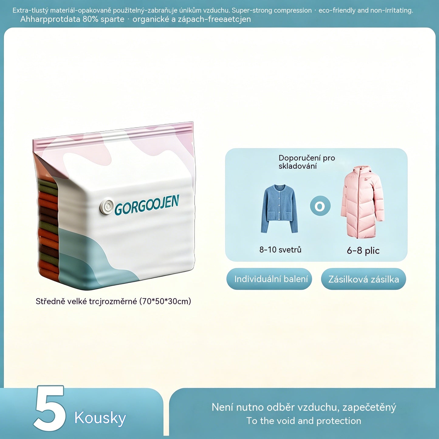 🧳 5 kusy 620 Kč 💨 Velký, stlačitelný vakuový úložný sáček: není potřeba pumpička, nepropustný a ideální pro úsporu místa v kufrech i doma ✈️