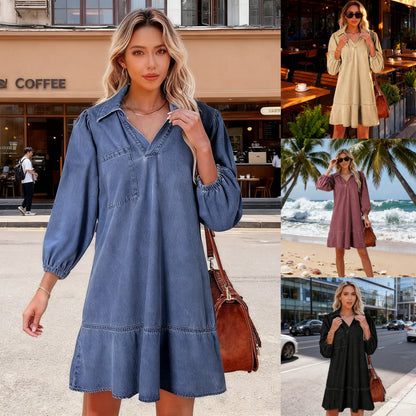 🔥🥰【S-3XL】🔥Nové volné džínové šaty s výstřihem do V